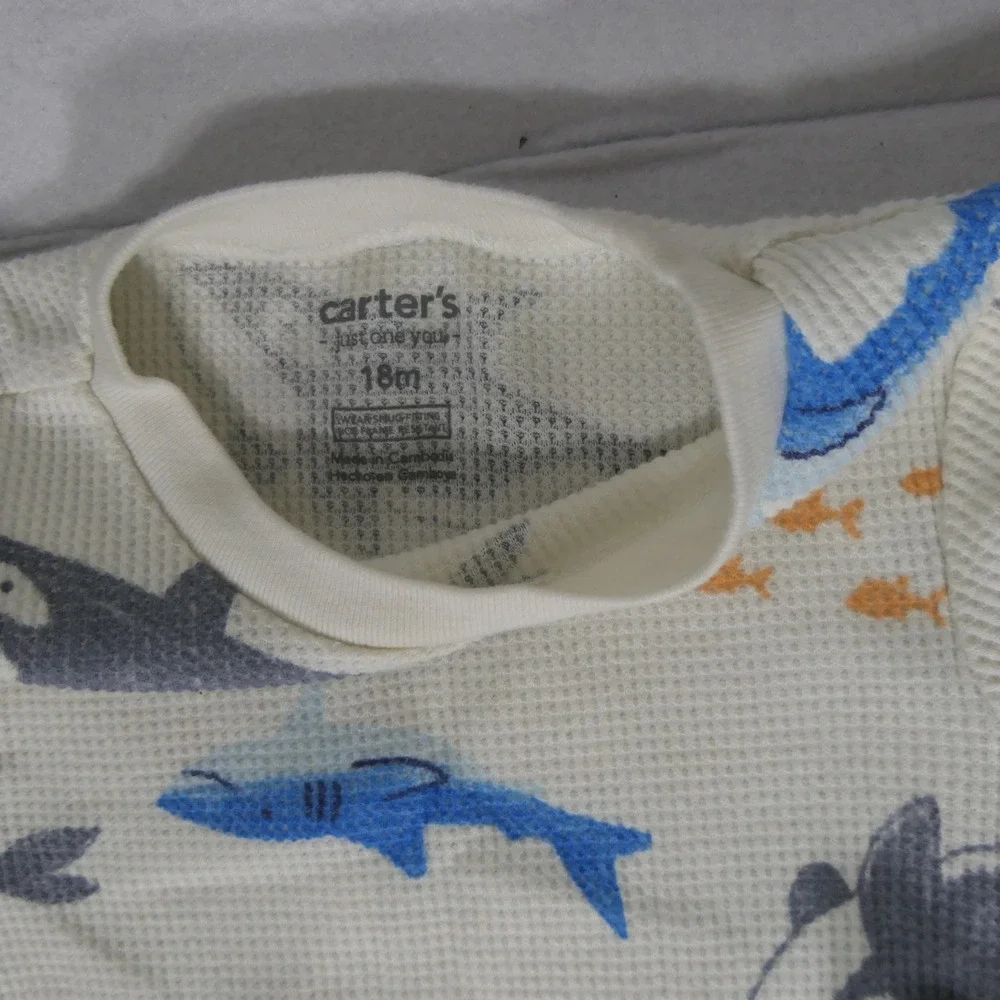 Carter's‎ Kids Pajama Set 18M Cream Shark Print Waffle Knit Thermal Snug Fit